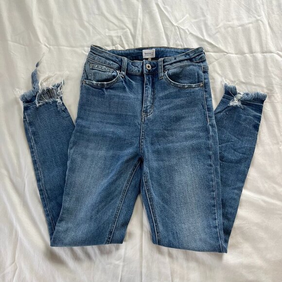 Special A Denim - Special A Medium Wash High Waist Fringe Hem Skinny Leg Jeans | Size 3/25